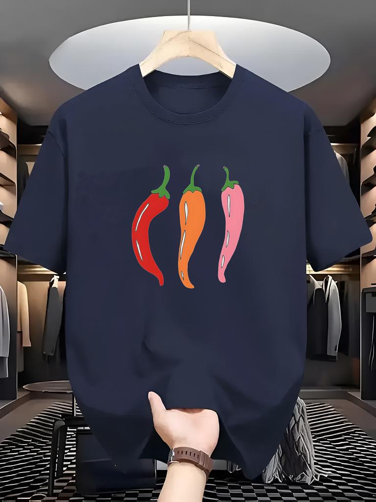 Unisex Navy Blue Crew Neck Tee Three Colorful Red Orange Pink Chili Pepper Simple Cartoon Vegetable Minimal Casual Cotton Tops