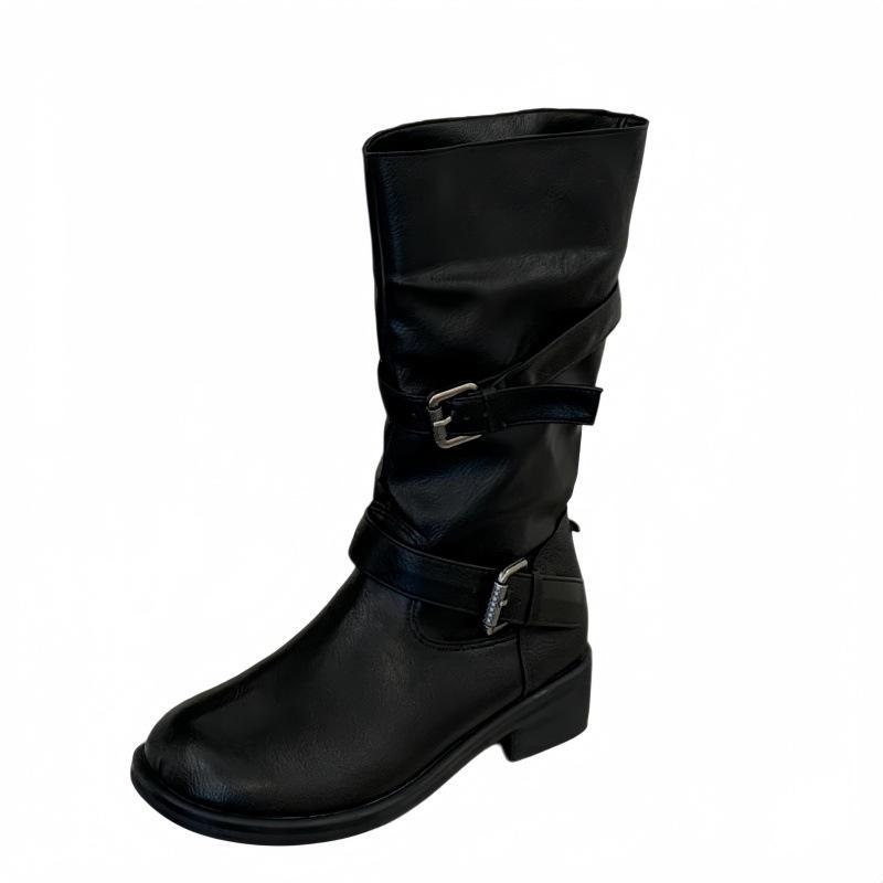 Retro belt buckle short knight boots women's autumn and winter old polished medium boots versatile locomotive boots