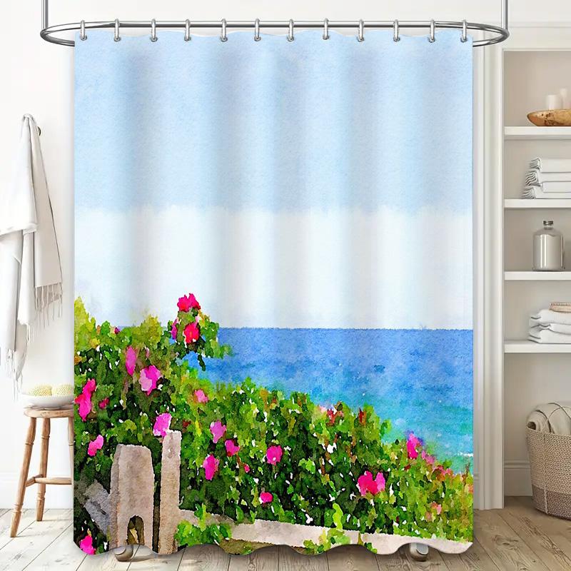Floral Ocean View Shower Curtain Tropical Beach Wall Art Bathroom Decor Waterproof Scenic Backdrop