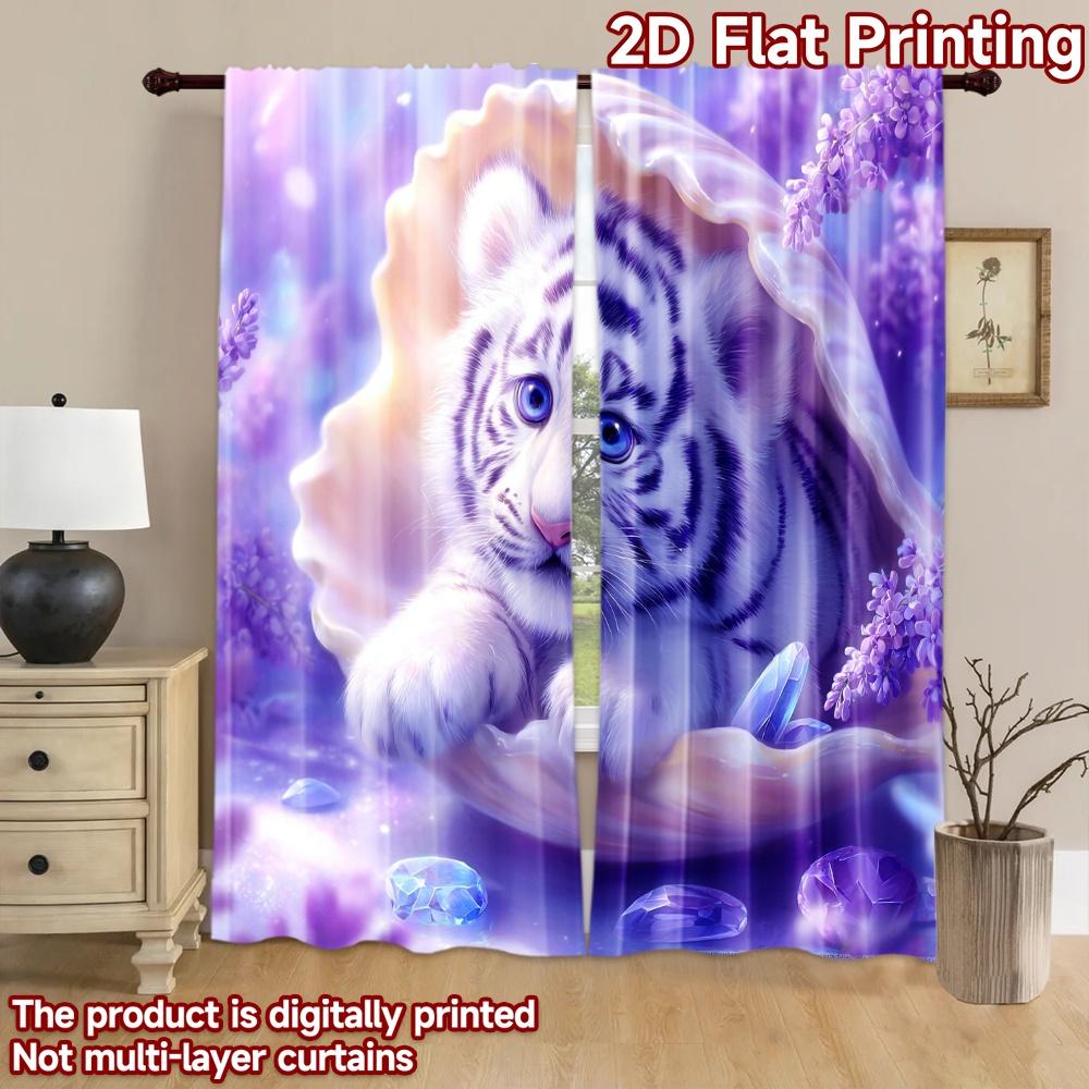 2D flat printing 2pcs Curtains Cute white tiger kitten shell crystals Digital Printed Polyester Drapes Family Party Use for