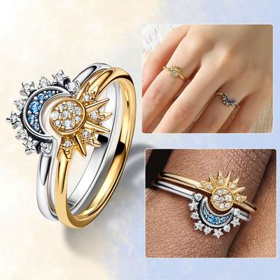 2 pezzi/set anello scintillante Riyue anello adatto per le donne da indossare alla moda femminile anello sole luna stella anello zircone cubico per regalo da donna