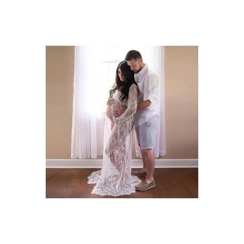 Spitzen Umstands Maxikleid Schwangere Fotografie Foto Requisiten Schicke Kleidung Damen weiß