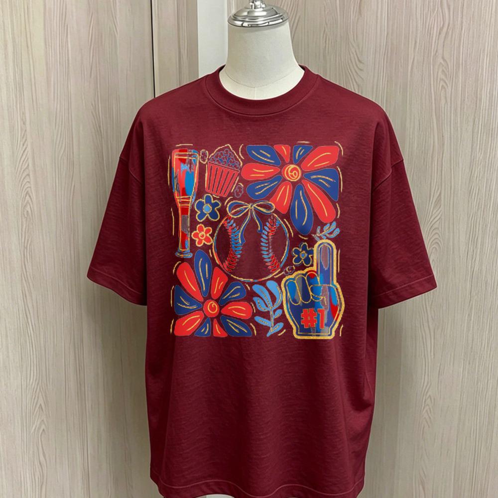 Baseball Game Day Floral Collage Graphic T Shirt Unisex Oversized Loose Cotton Short Sleeve Tee Retro Sport Flower Print