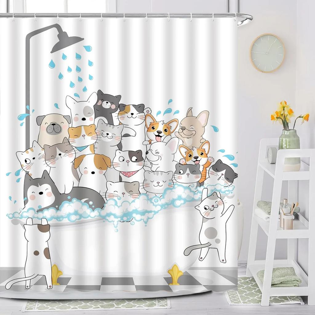 Cartoon Animal Shower Curtain with Funny Cat and Dog Paws Cute Kids Shower Print Family Bathroom Decoration with Hooks