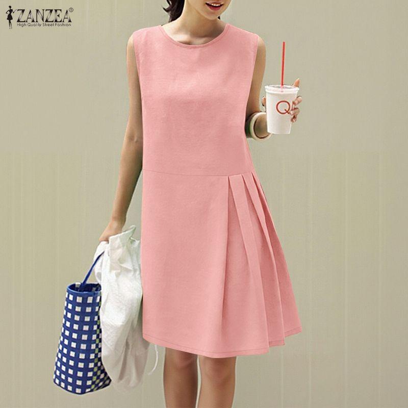 ZANZEA Abito estivo casual senza maniche con scollo rotondo da donna