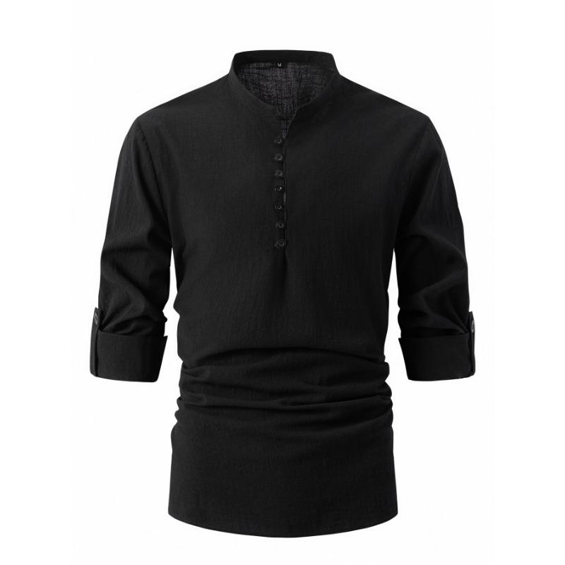 Fashionable Retro Men's Spring Autumn Cotton Linen Stand Collar Slim Fit Casual Shirt Long Sleeved Shirt