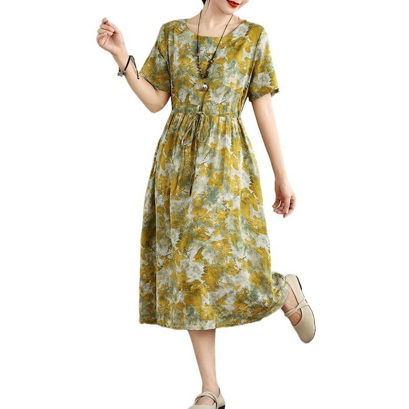 Real Shot Summer New Cotton and Linen Literary and Retro Printing Ethnic Style Waist Thin Short-sleeved Dress Women