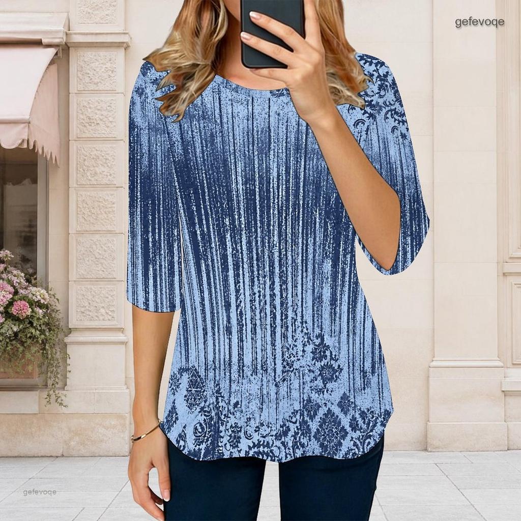 Women Plus Size Round Neck 3 4 Sleeve Abstract Printed T Shirt Curved Hem Casual Top