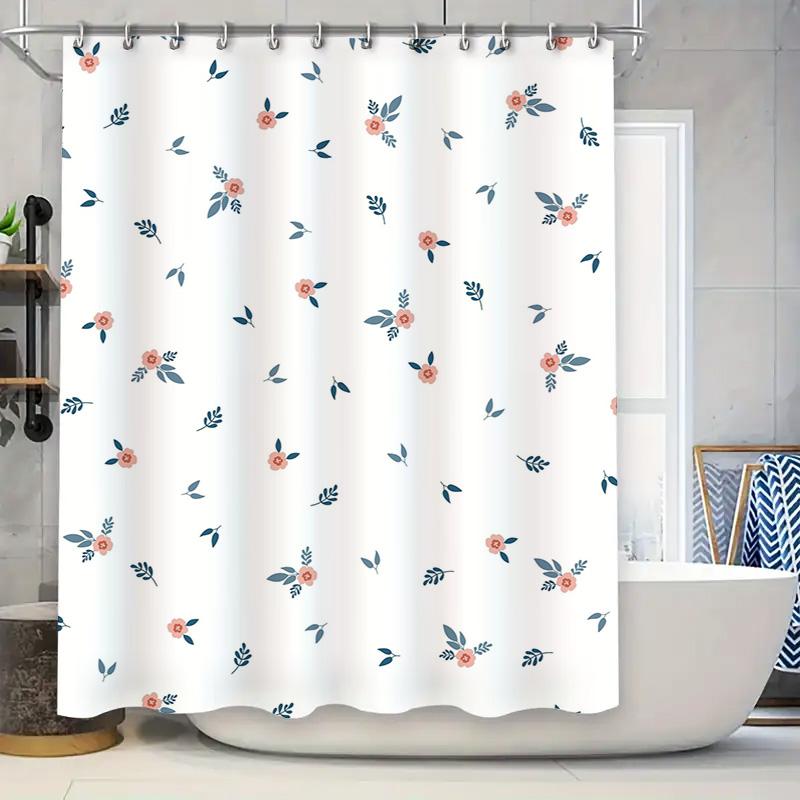 Modern Floral Print Shower Curtain Waterproof Bath Decor With 12 Hooks Set For Home Decoration In White Color (S)
