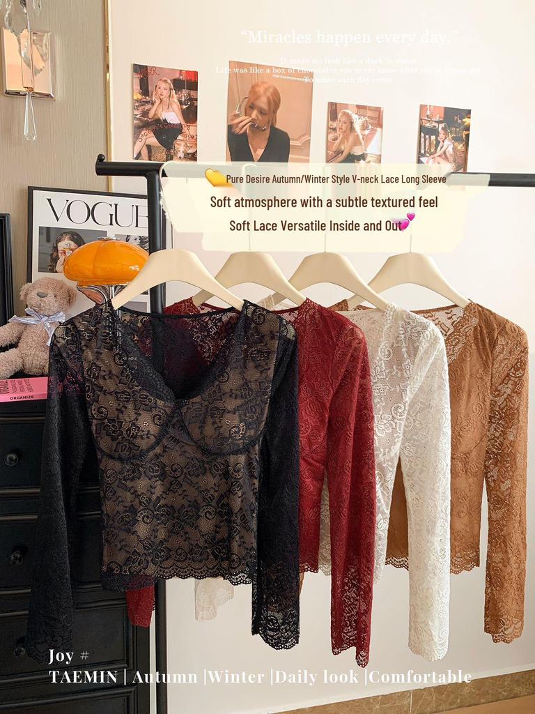 Lace Sexy V-neck Women's Long Sleeve T-shirt with Chest Pads