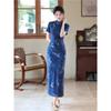 Blue tie-dye short-sleeved cheongsam women's daily slim-fitting and thin high-end temperament elegant medium and long retro style dress