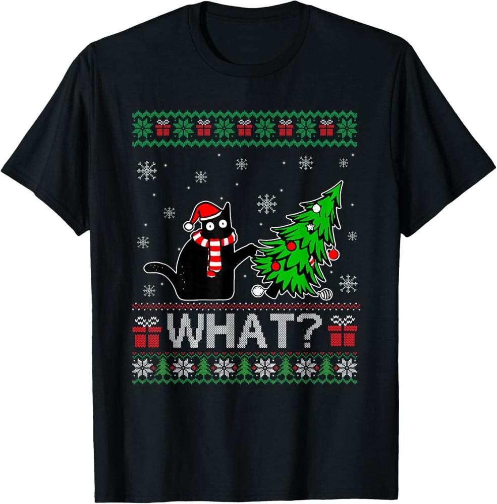 Cat What Funny Black Cat Pushing Christmas Tree Ugly Xmas T-Shirt