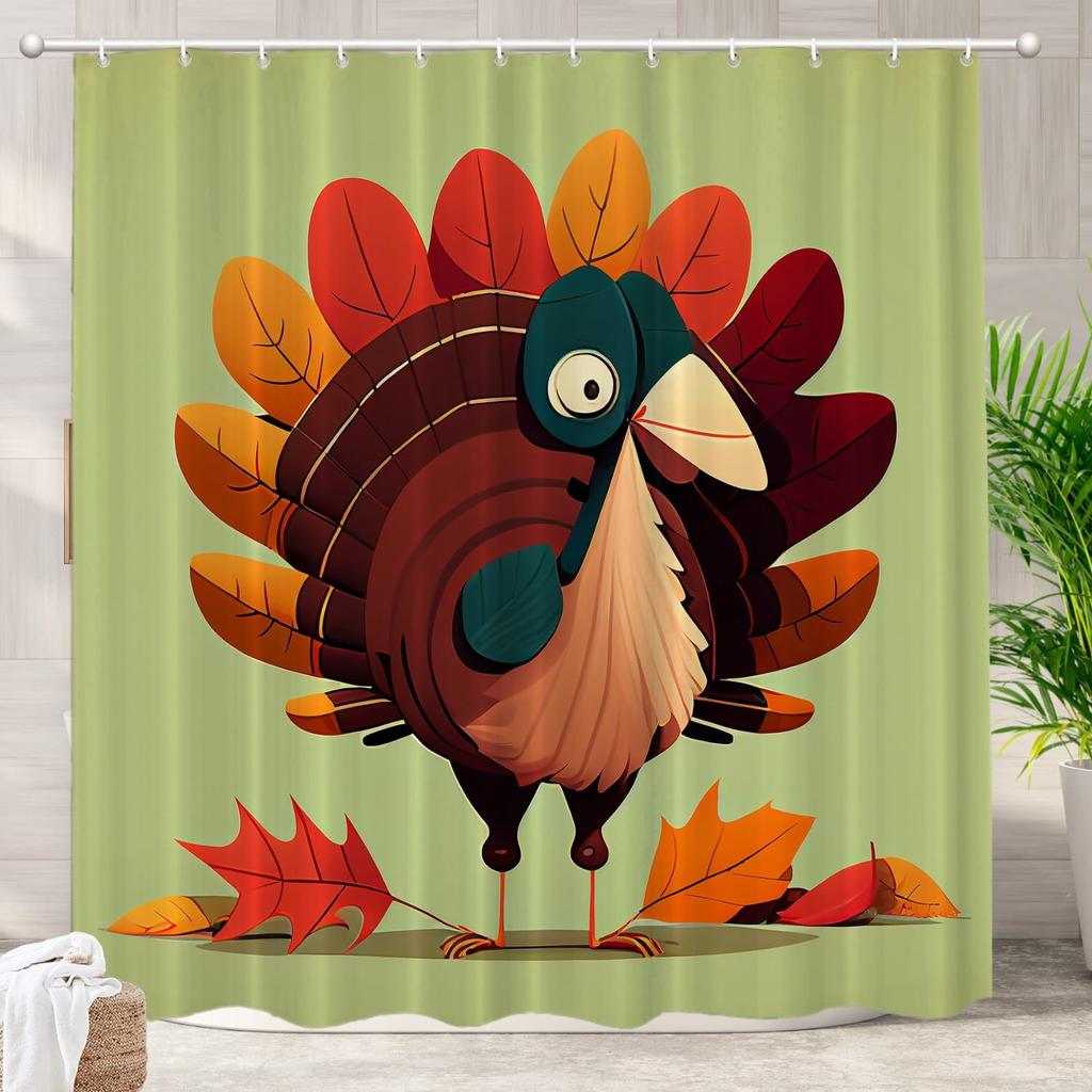 Cartoon Turkey with Fall Leaves Pattern Waterproof Shower Curtain 180x180cm Thanksgiving Theme Bath Curtain for Kids Room Decor