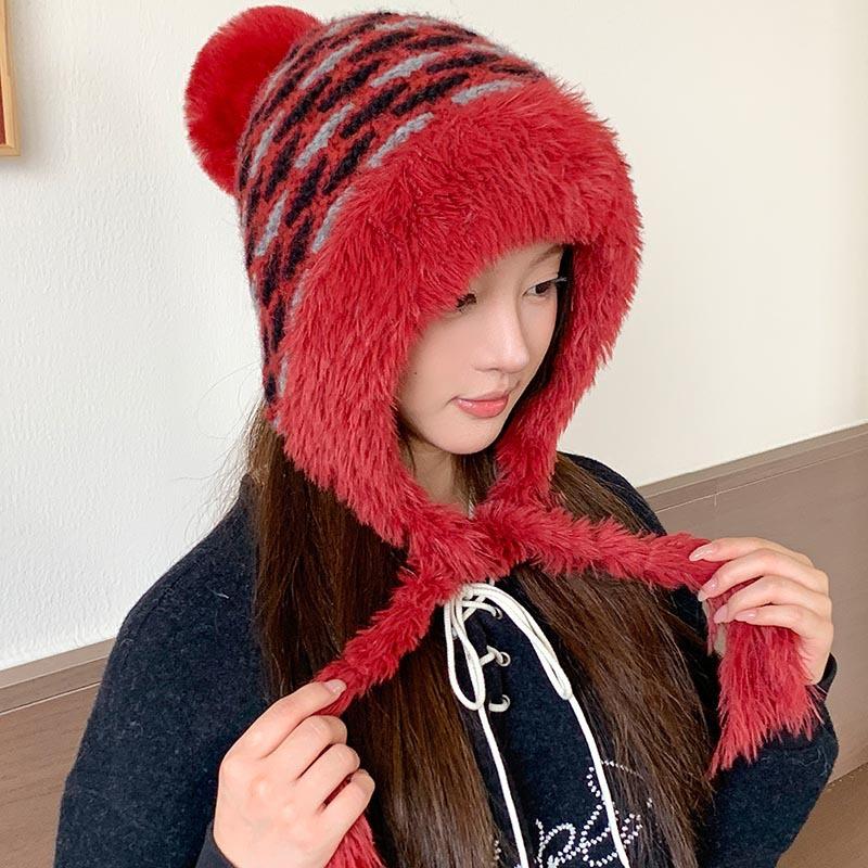 Retro striped fleece ear protector wool hat women's winter thickened plush Lei Feng hat outdoor cold-proof lace-up knitted hat tide