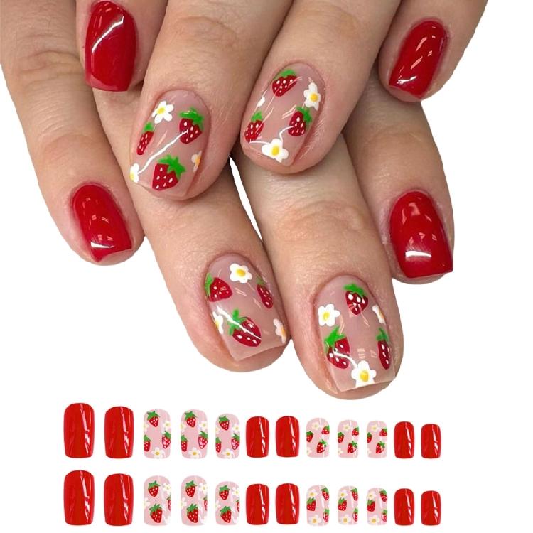 24 шт. Короткие накладные ногти Цветок Накладные ногти Съемные Полное покрытие Приклеивающиеся ногти Милый Клубничный Искусственные ногти 1