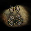 2026 Black Gold Three-piece Multi-color Natural Stone Geometric Two-color Flower Ring Necklace Earrings Jewelry Set