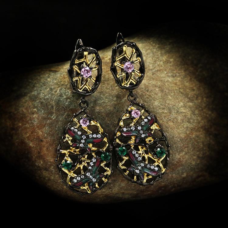 2026 Black Gold Three-piece Multi-color Natural Stone Geometric Two-color Flower Ring Necklace Earrings Jewelry Set