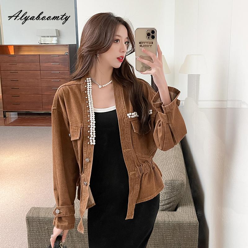 Korean Fashion Spring Autumn Women Brown Denim Jacket V Neck Beading Loose Basic Coat Long Sleeve Stylish Feminine Ladies' Outerwear