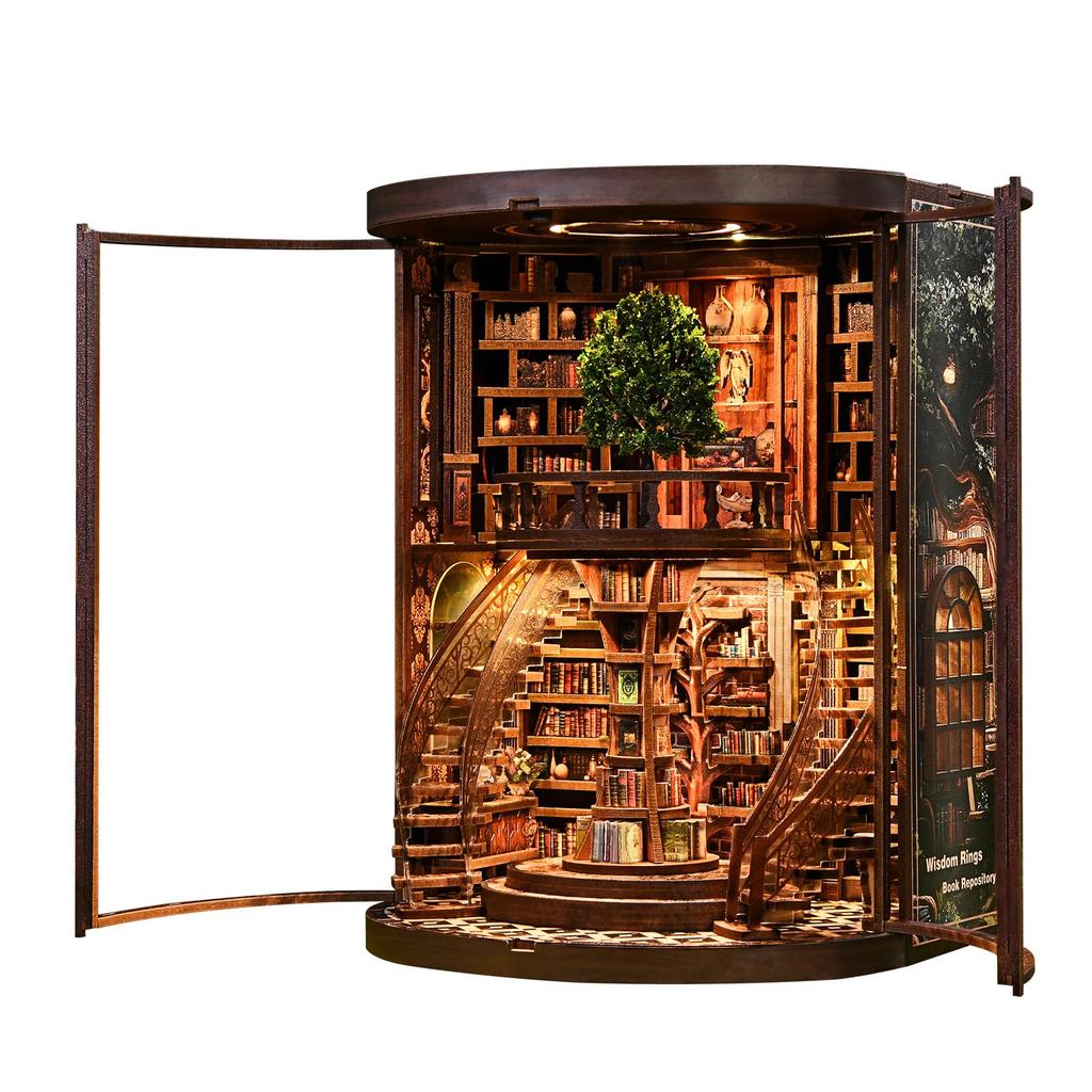 Pixie Curio Buchnische Bausatz Baum der Weisheit Bibliothek 3D Holzpuzzle Miniatur Puppenhaus LED-Licht Staubdichte Acrylhaube Bücherregal Dekoration