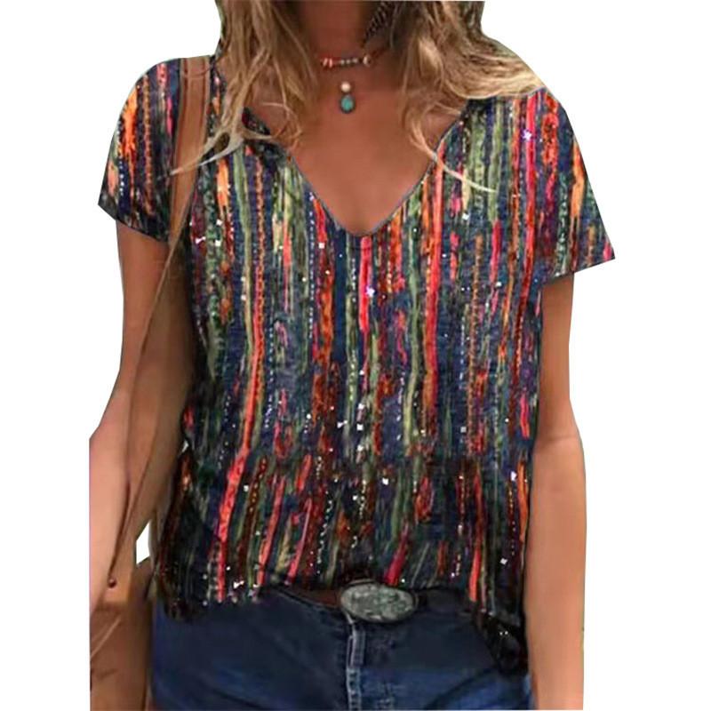 

3D Summer Women s Vertical Stripe Gradient Short Sleeve T-shirt S