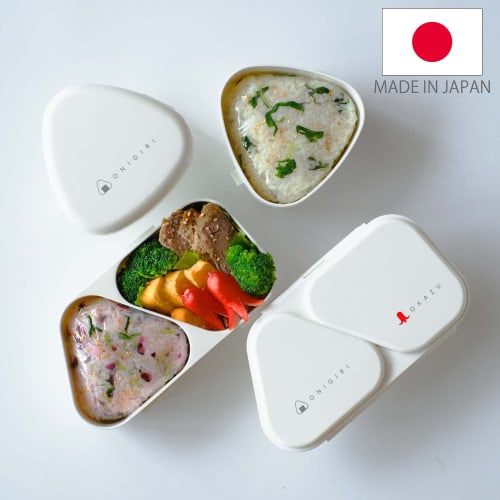 OSK Onigiri Lunch Box, White, 465ml, Made in Japan, Holds Onigirazu Rice Balls and Side Dishes, Microwave Safe, Includes Pressed Mould, Simple, Stylis