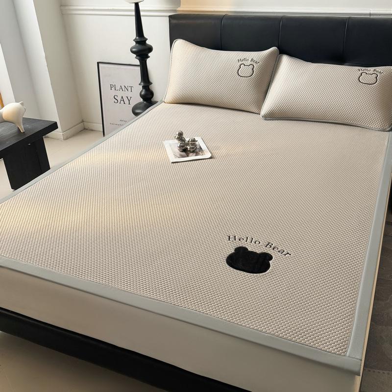 Cool Ice Silk Summer Mat 3-Piece Set with Patchwork Embroidery - Machine Washable for Single Dormitory Use