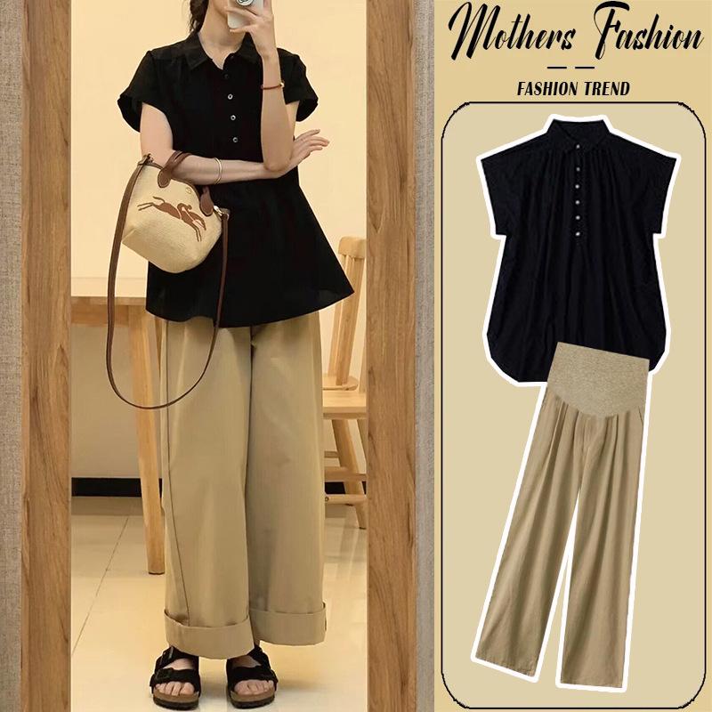 Maternity Summer 2026 Stylish Loose Shirt & Belly Support Wide-Leg Pants Set M