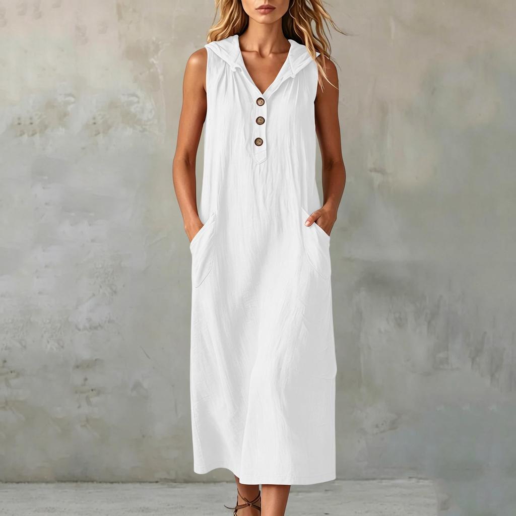 Women's Fashion Color Hooded Buttoned Pocket Sleeveless Casual Loose Dress
