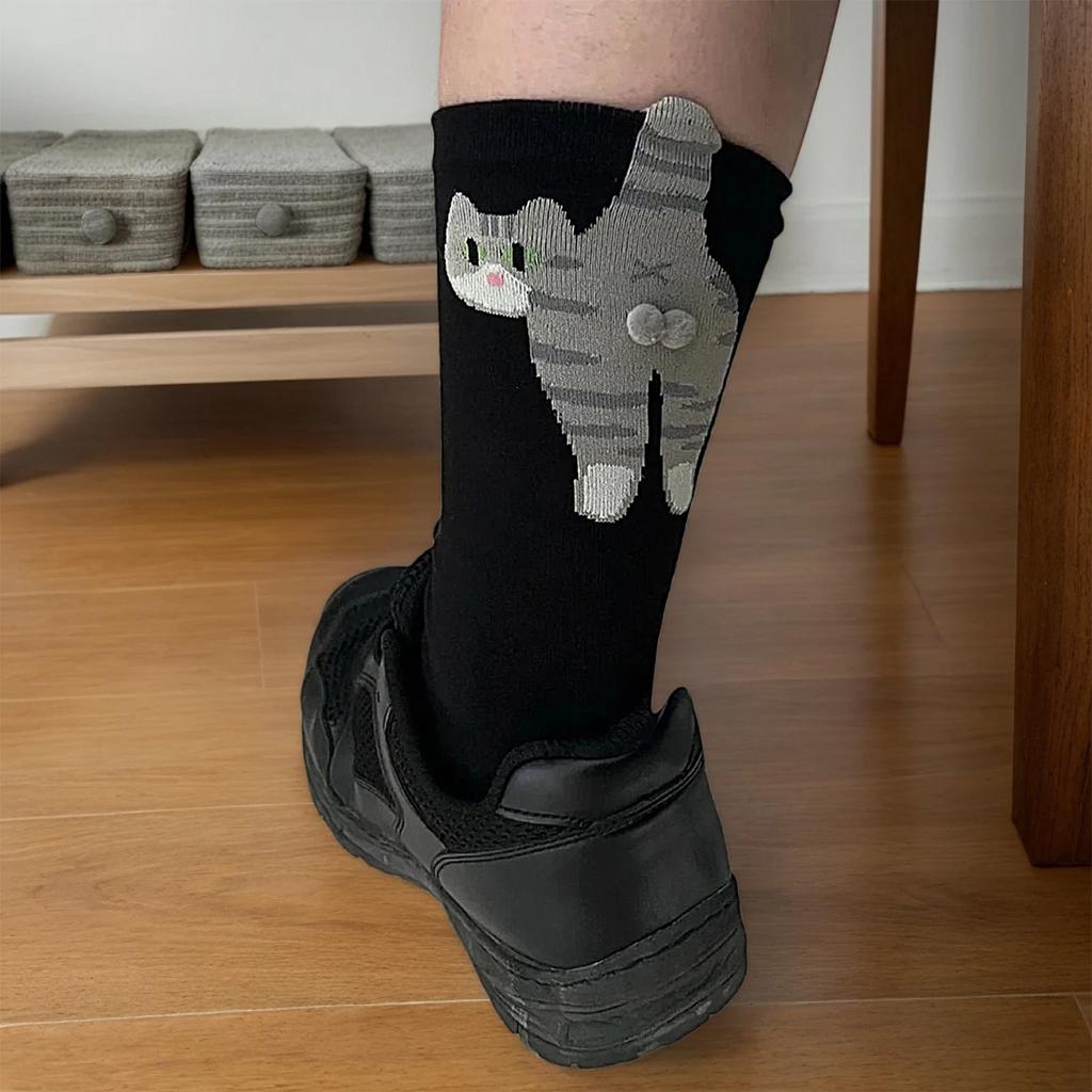 1 Pair Cute Cat Egg Socks Funny Mid Calf Warm Socks for Women 3D Cat Design Winter Cozy Wear Halloween Christmas Gift Accessory