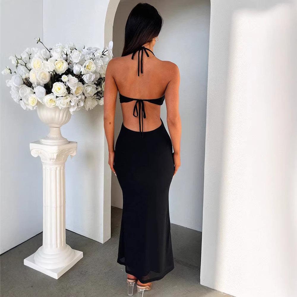 Sexy výstřihový šaty evropského stylu: Úzký střih, Jednobarevný, Odkrytá záda, Šněrování, Dlouhý.