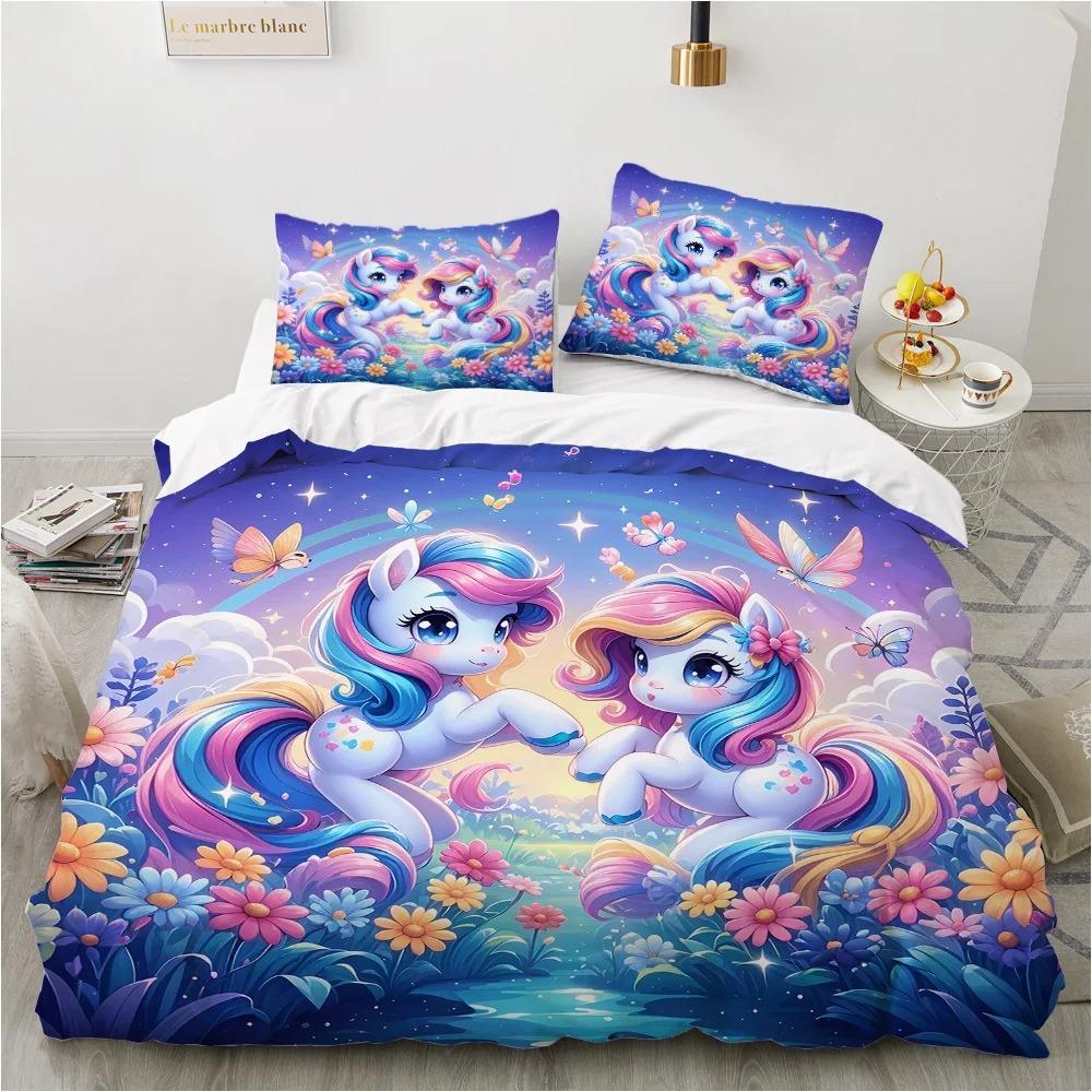 Cute Cartoon Unicorn Duvet Cover Set, Rainbow Floral Kids Bedding, 3D Printed Soft Microfiber Quilt Cover Pillowcase
