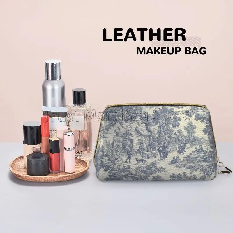 Franse Landelijke Make-uptas Retro Toile De Jouy Leer Reizen Cosmetica Organizer Vrouwen Grote Capaciteit Waterdichte Toiletartikelen Tas