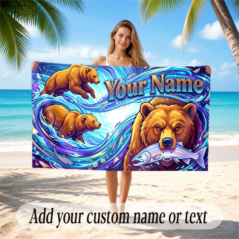 Animals Theme Soft Beach Towel Personalized Custom Name Text Towel Portable for Beach Pool Travel