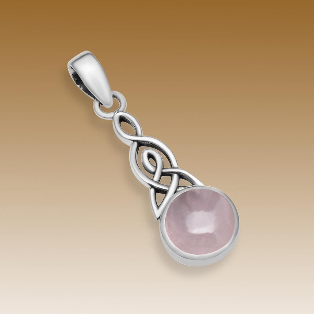 Naturlig Rosenkvarts 10mm Rund Ädelsten Keltisk Knut Triquetra Hänge 925 Sterlingsilver Hänge För Kvinnor & Flickor