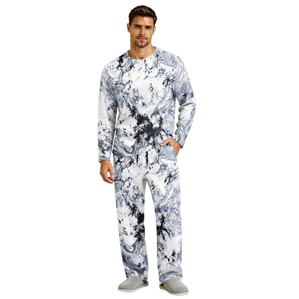 Men's Pajama Set Long Sleeve Top and Long Pants with Button Crotch and Elastic Drawstring Waist for Home Loungewear