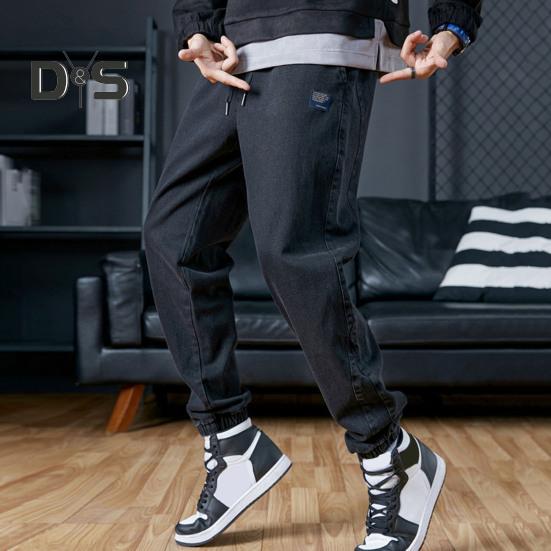 

Мужские джинсы-карго с эластичной резинкой на талии, облегающие джинсовые брюки с карманами, однотонные спортивные брюки, свободные шаровары L синий