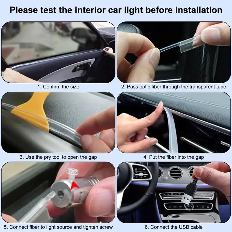 6 In 1 Car Interior Ambient LED Light Kit RGB Strip Lights with Fiber Optic Tube APP and Remote Control Neon Mood Sync Lighting
