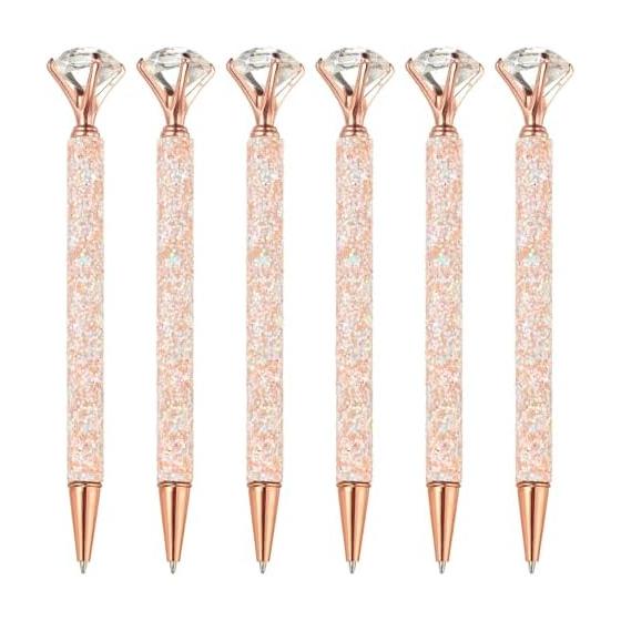 PATIKIL 6 Pcs Glitter Ballpoint Pens, Crystal Diamond Twist Metal Pens, 1.0mm Medium Point, Black Ink for Notebook Journaling, Light Rose Gold,