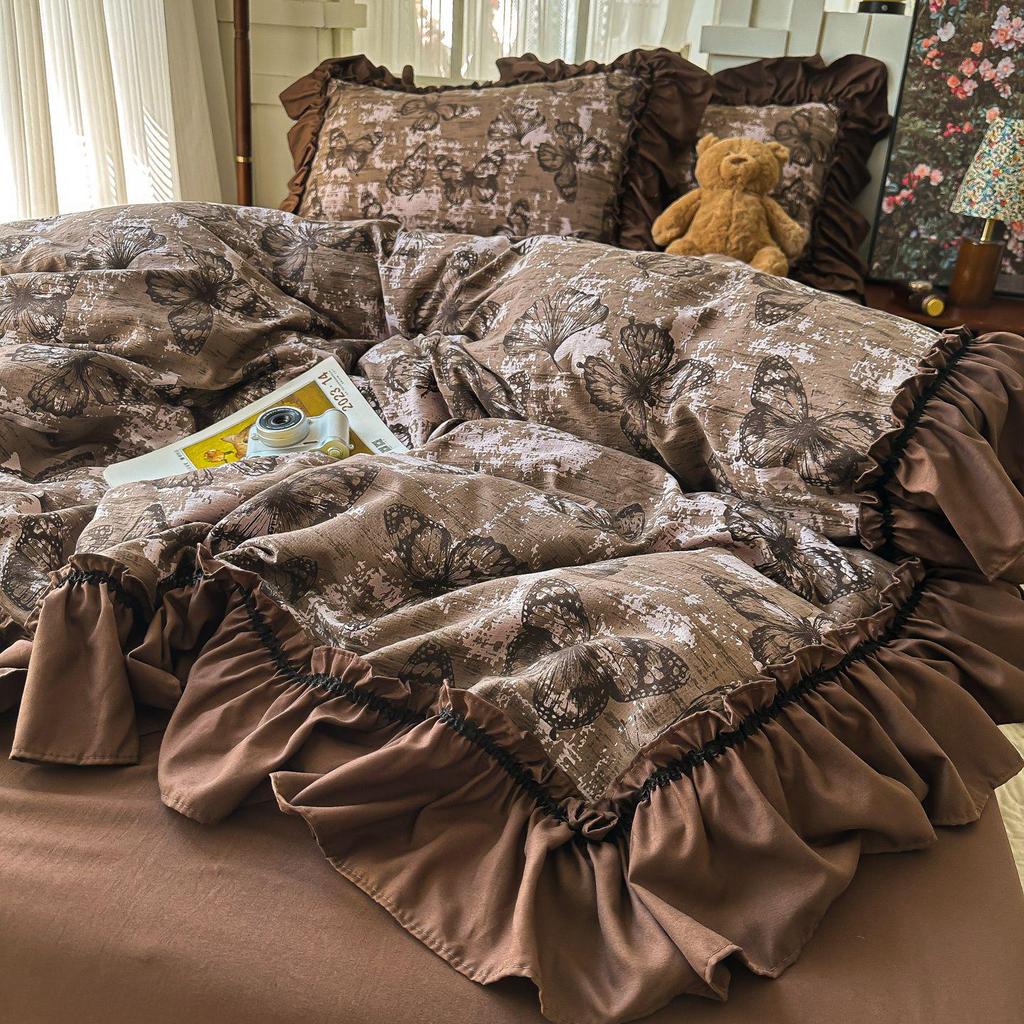 French Retro Lace Linen Bedding Set: Skin-Friendly Duvet Cover & Fitted Sheet