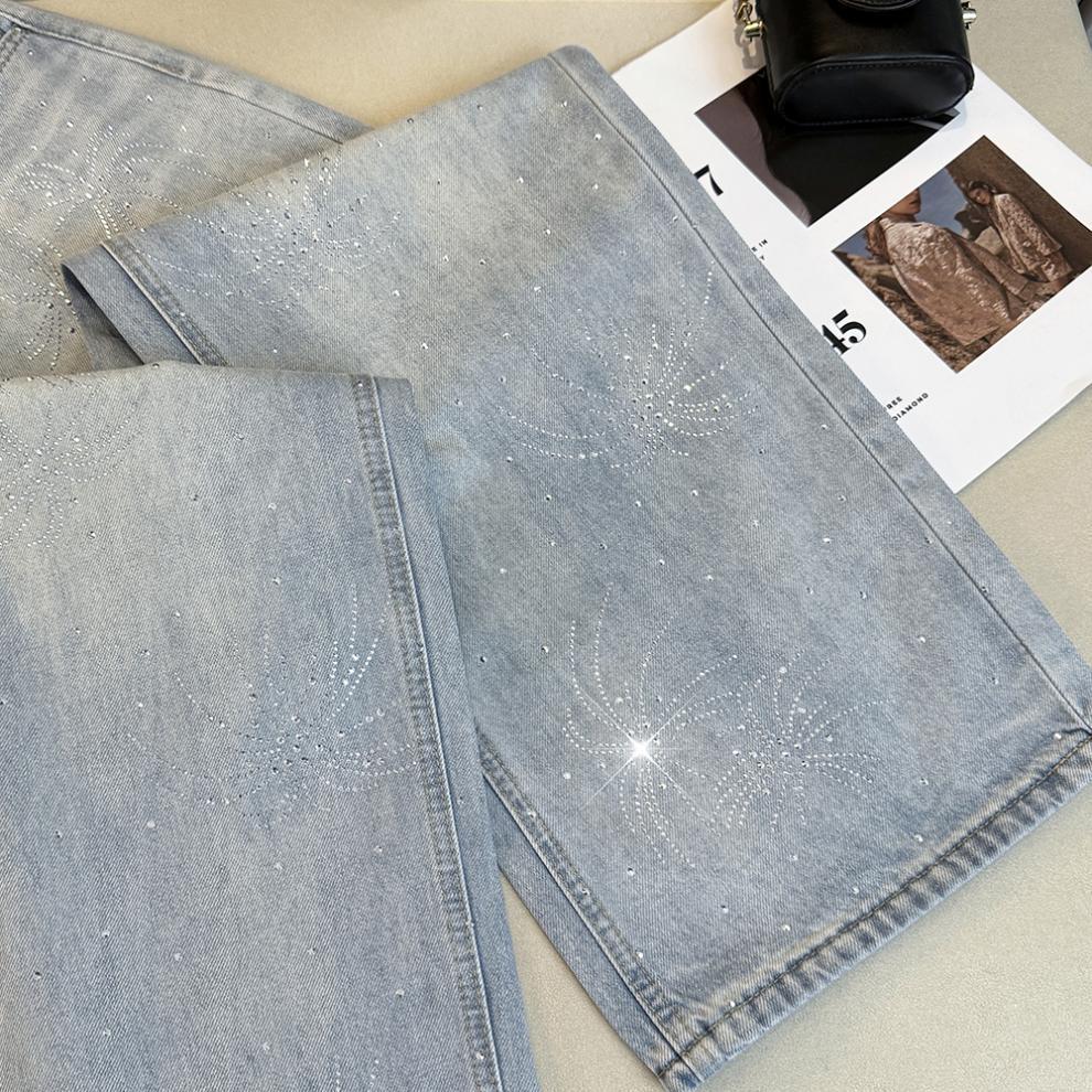 Women’s High Waist Shiny Rhinestone Denim Wide-Leg Pants - Early Spring Design
