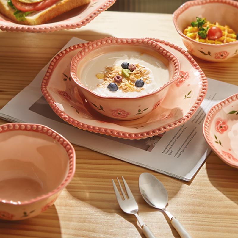 Household 7~9 Inch Ceramic Plates French Style Vintage Floral Pattern Wedding Tableware Aesthetic Underglazed Colour Dinner Dish