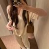 1116 Spring and Summer New Minimalist Knitted Suit Women's Casual Loose V-neck Short-sleeved Top + Wide-leg Pants Two-piece Set