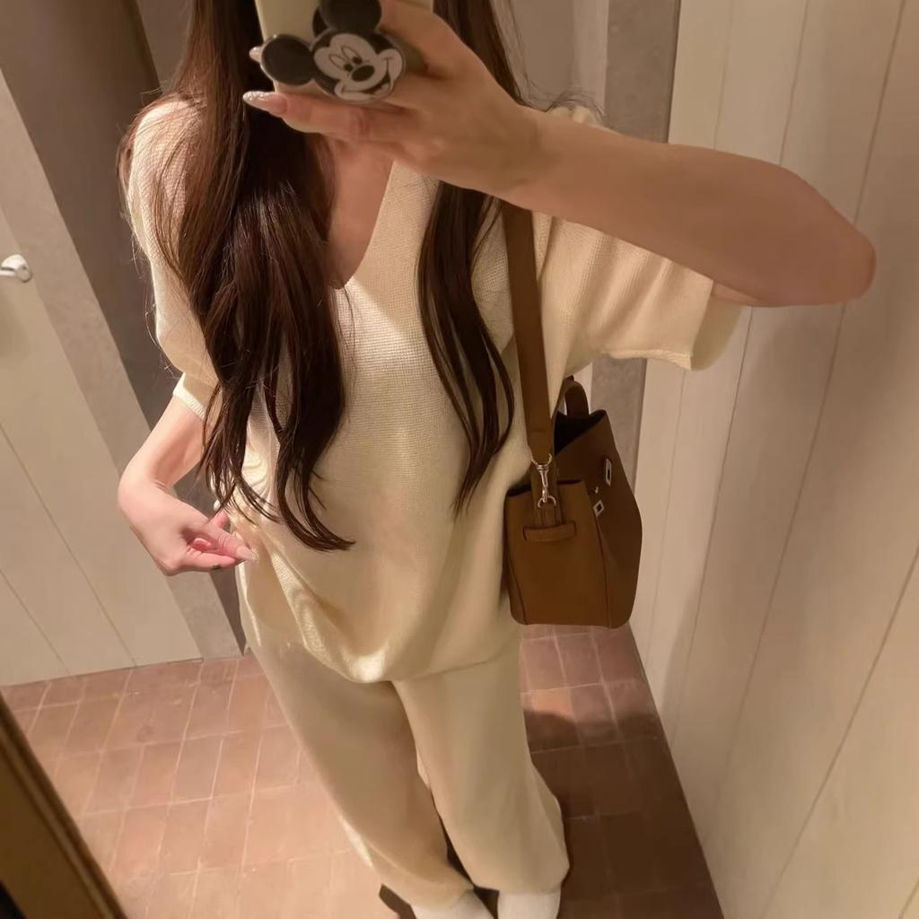 1116 Spring and Summer New Minimalist Knitted Suit Women's Casual Loose V-neck Short-sleeved Top + Wide-leg Pants Two-piece Set