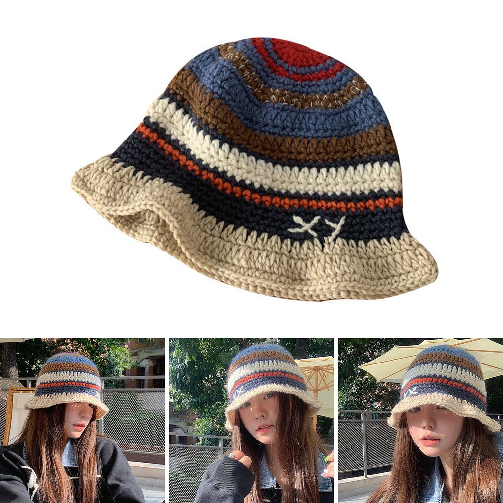 Knitted Beanie Hat for Women Y2K Striped Fisherman Hat Ethnic Style Color Contrast Cap Fashion Female Hat Teens Headwear