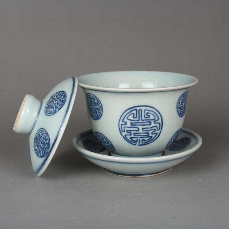 

3,3 Китайский Цзиндэчжэнь Сине-белый фарфор 100 мл Чашка с крышкой «Зерно долголетия» CHINA