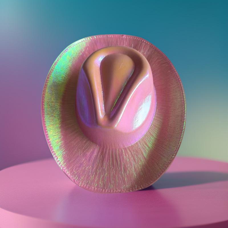 Pink Iridescent Cowboy Hat for Halloween Rave Party, Wide Brim Fluorescent Performance Top Hat.