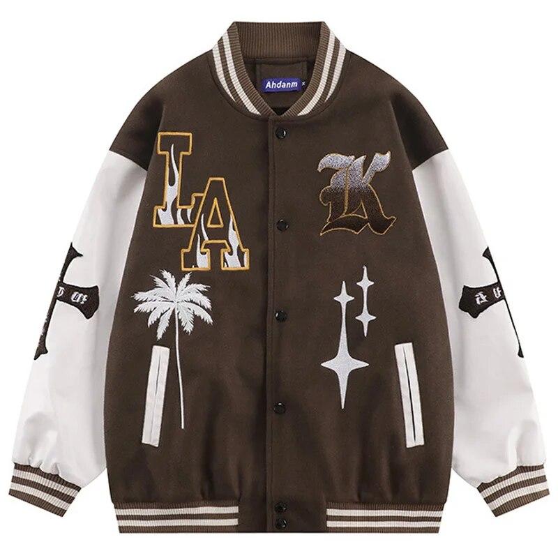 

Men Letters Embroidery Bomber Jackets Couple Fall Winter Vintage PU Leather Splicing Sleeves Baseball Uniform Loose Streetwear