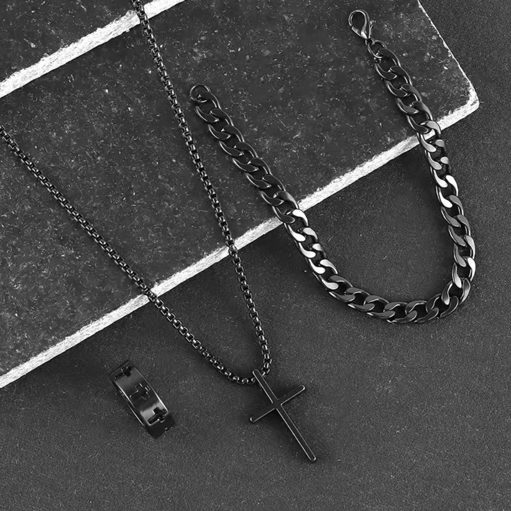 3pcs Set Men's Metal Cross Pendant Chain Necklace Bracelet Ring Jewelry Set Male Hip Hop Daily Wear Accessories