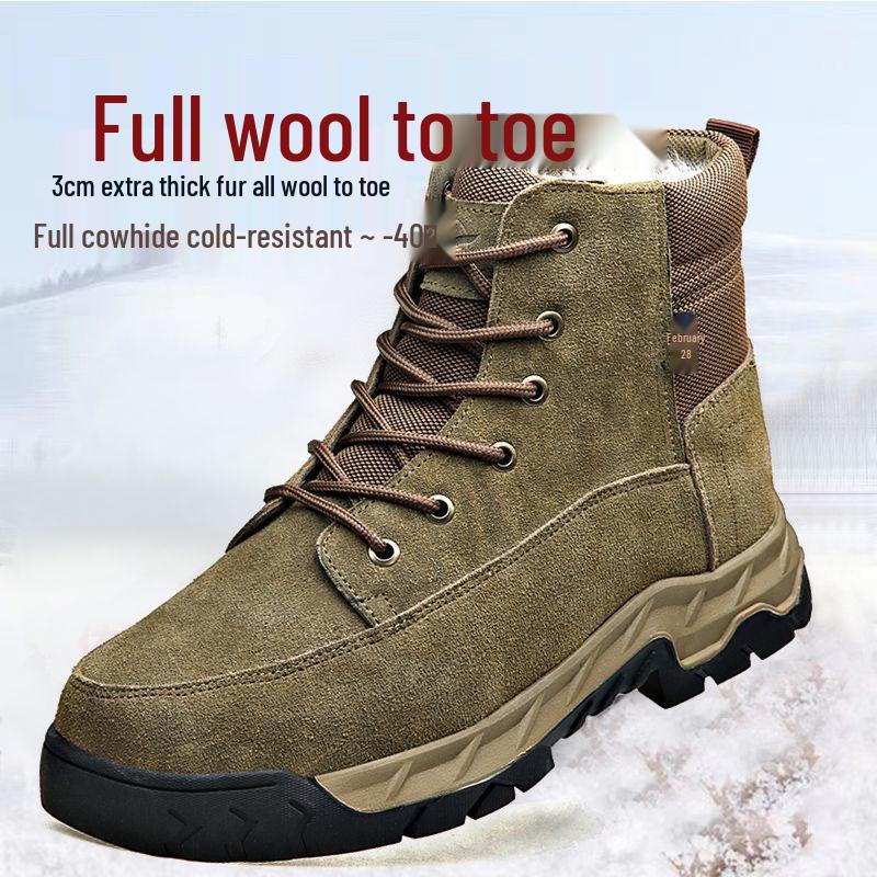 Men's Full Cowhide Shearling Snow Boots - Extra Thick Wool, Cold-Proof, Non-Slip, High-Top Winter Boots