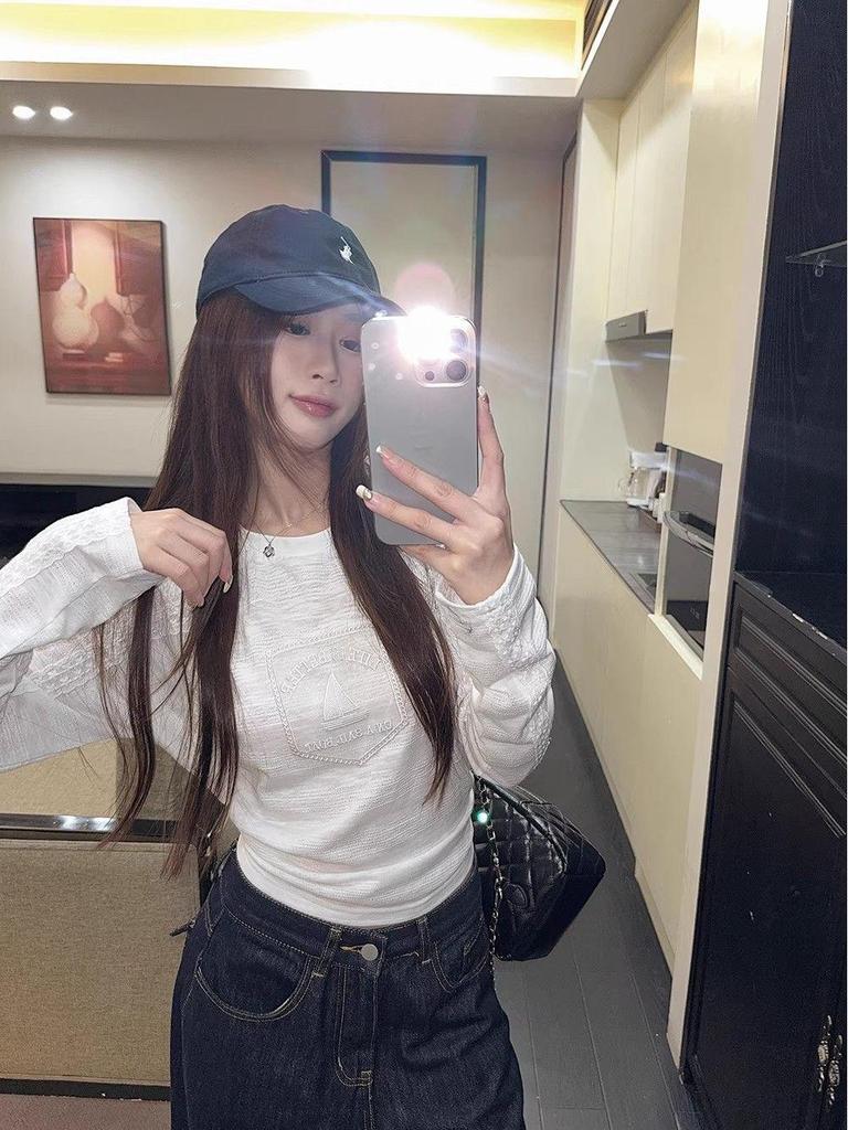 Women's White Lace Patchwork Sailboat Embroidered Long Sleeve T-shirt - Korean Style Early Autumn Versatile Top